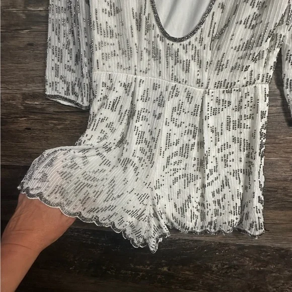 Lulu's Silver Beaded White Romper Jumpsuit with Open Back - Picture 3 of 9